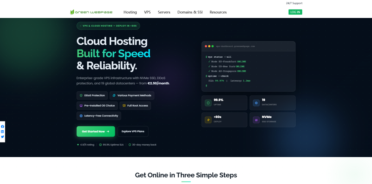 Greenwebpage:$17.79/年/1GB内存/20GB SSD空间/1TB流量/1Gbps端口/KVM/香港/日本/美国/欧洲等