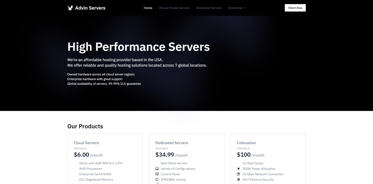 AdvinServers:$8/月/8核/16GB内存/128GB NVMe空间/32TB流量/10Gbps端口/KVM/堪萨斯